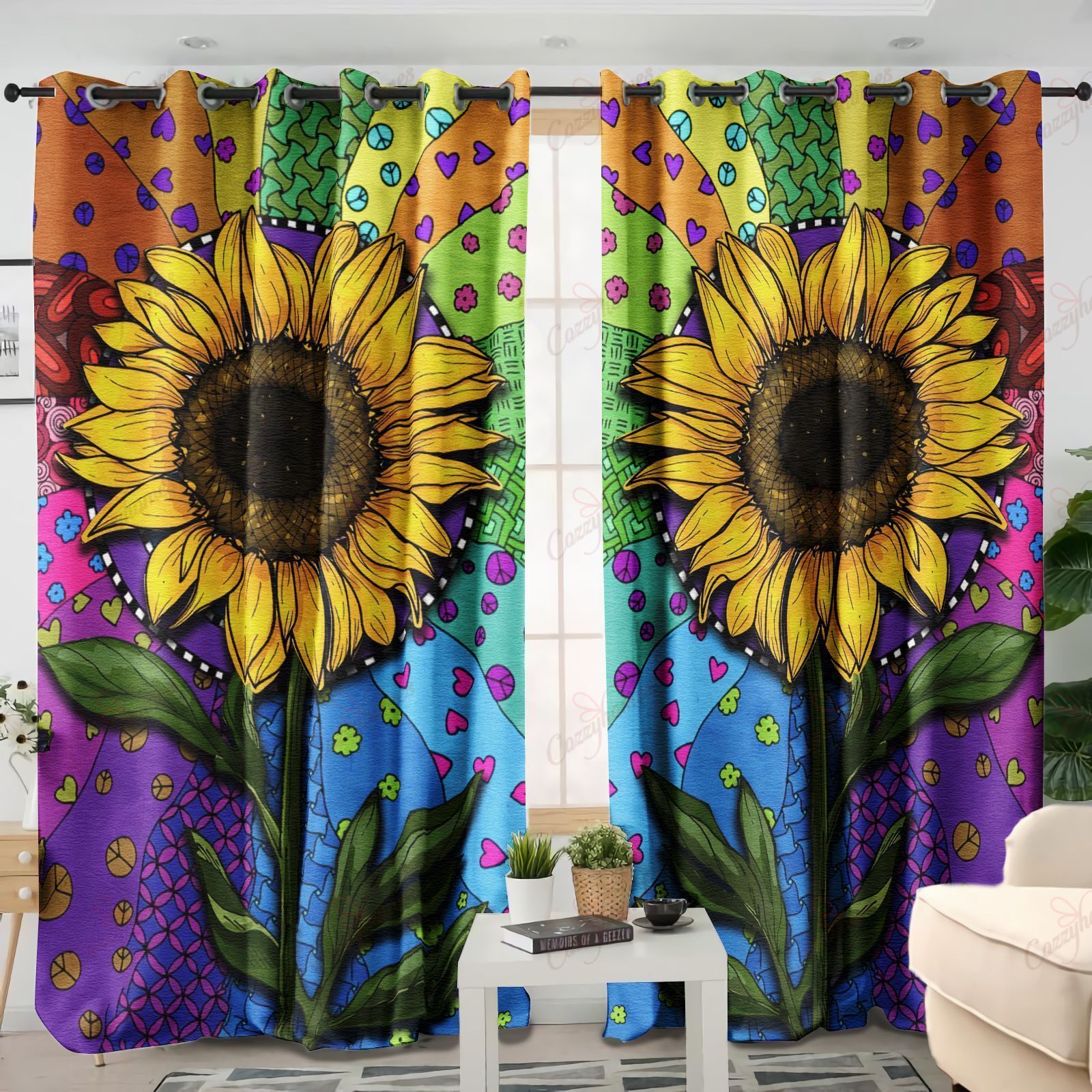 Sunflower and hippie blackout thermal grommet window curtains 60uofoor